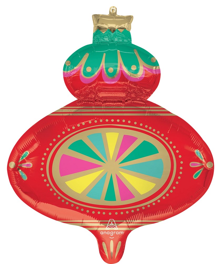 Red and green foil Christmas ornament balloon with multicolor starburst pattern, 29 inches tall.