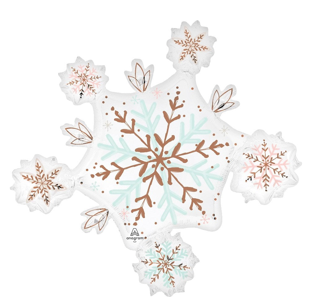 White and light blue satin foil balloon shaped like a snowflake with brown snowflake patterns.