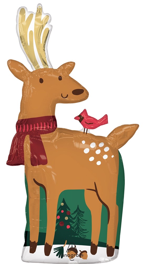 Brown foil balloon shaped like a reindeer wearing a red scarf with a red bird on its tail and green trees at its feet.