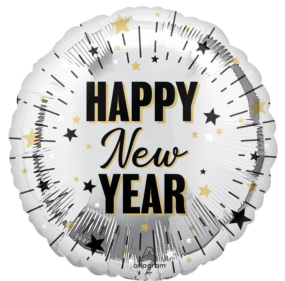 Round silver foil balloon with black and gold "Happy New Year" text and starburst design.