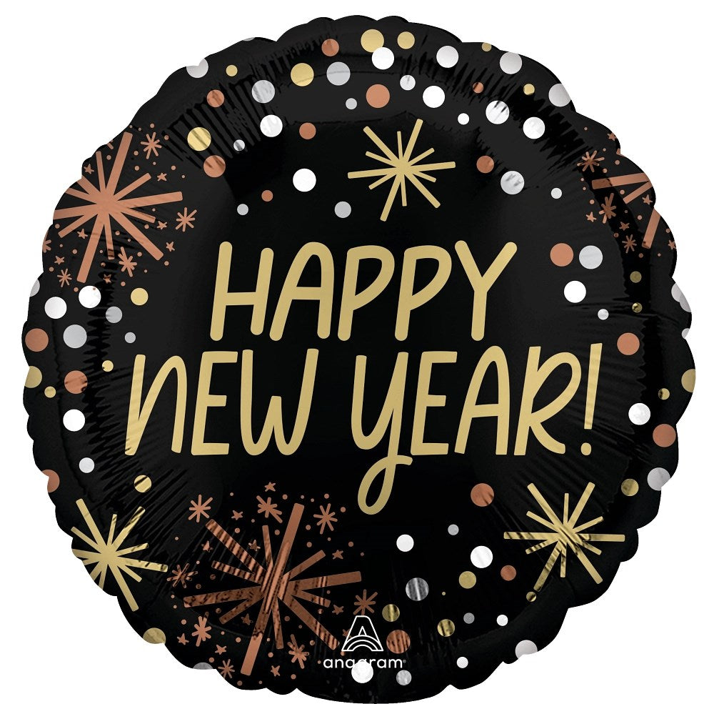 Round black foil balloon with gold and rose gold firework designs and "Happy New Year!" text in gold.