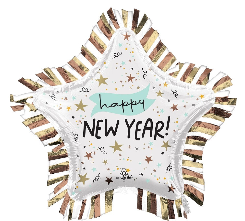 Star-shaped foil balloon in white with gold, black, and teal New Year-themed accents and striped gold and white border.