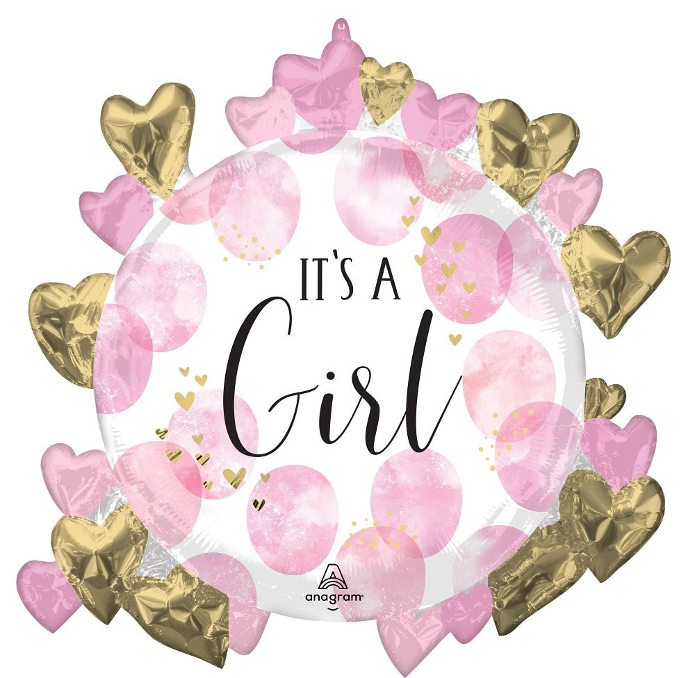 Round foil balloon with pink watercolor balloons and gold and pink heart balloons around the edges, featuring "It's a Girl".