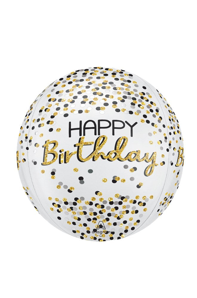 16-inch round white foil balloon with silver, black, and gold confetti and "Happy Birthday" in gold and black script.