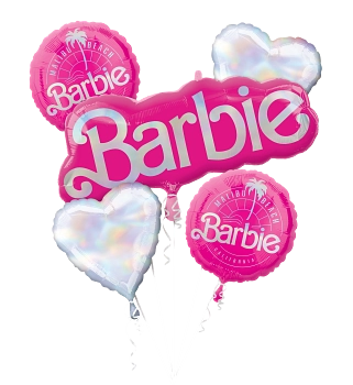 Five foil balloons bouquet with large pink Barbie logo, two pink round Barbie balloons, and two iridescent heart-shaped.