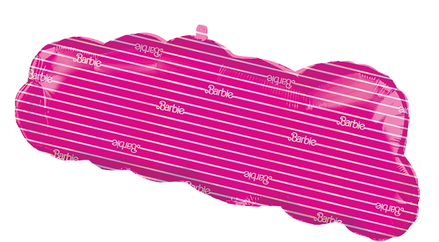 Pink foil balloon shaped like the Barbie The Movie logo with horizontal white stripes, 32 inches wide.