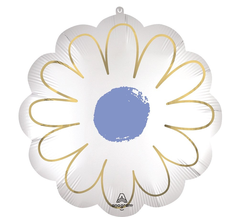 22-inch white foil balloon shaped like a daisy with gold petal outlines and a blue center.