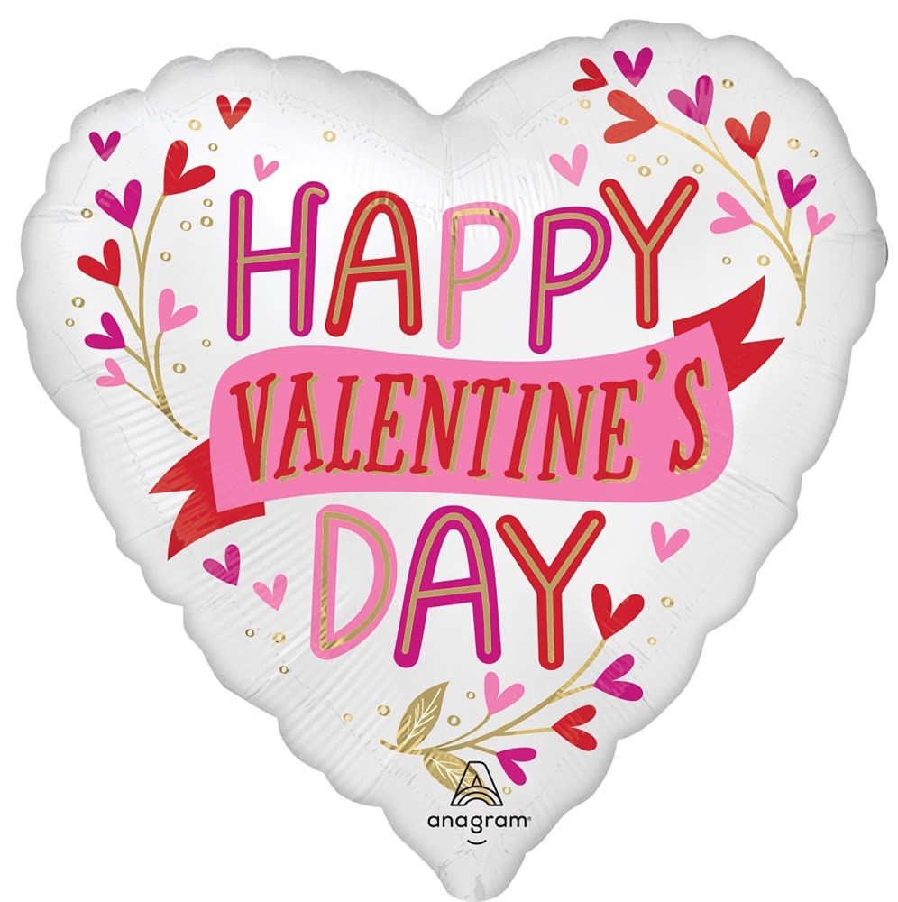 White heart-shaped foil balloon with pink and red "Happy Valentine's Day" text surrounded by botanical floral and heart.