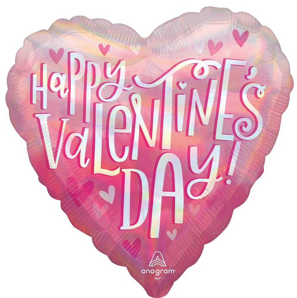 17-inch iridescent pearl pink foil heart balloon with "Happy Valentines Day!" in white and pink text and small heart accents.