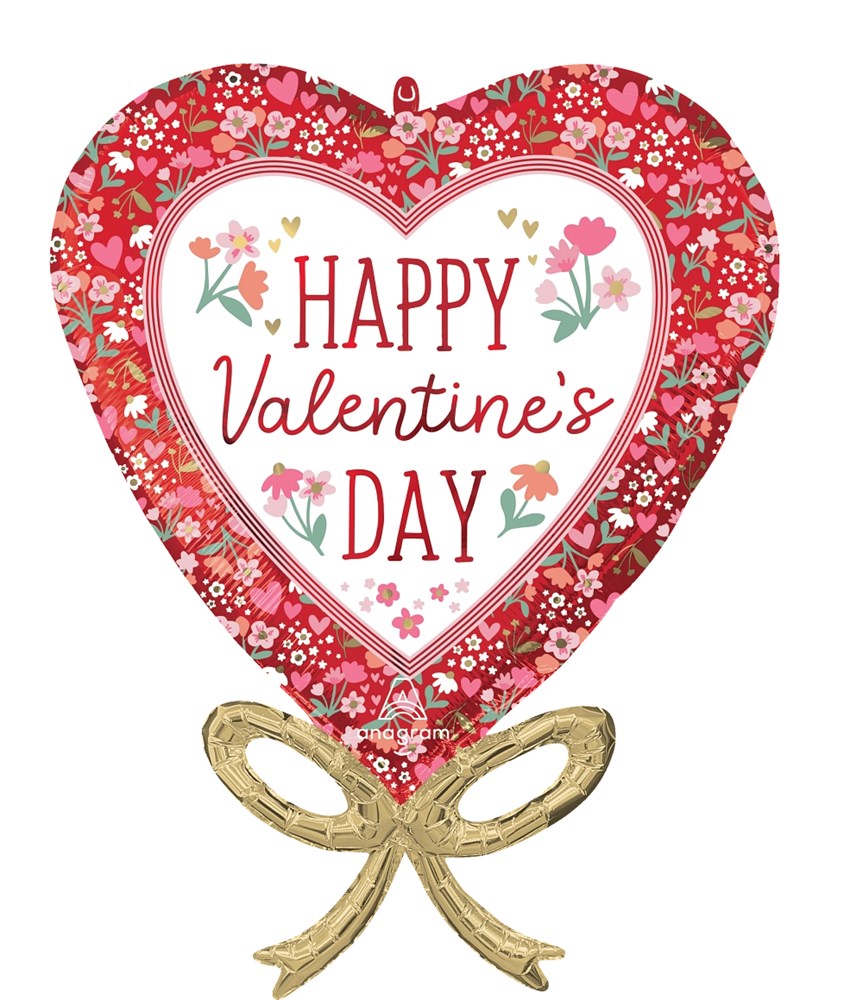 Red heart-shaped foil balloon with white center, floral border, "Happy Valentine's Day" text, and gold boho bow at the base.