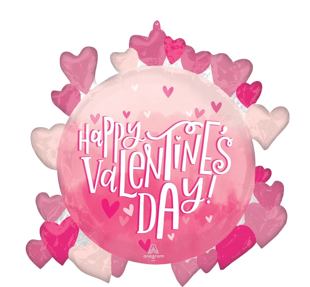 26-inch round pink foil balloon with "Happy Valentine's Day" in white script surrounded by pink and white heart shapes.