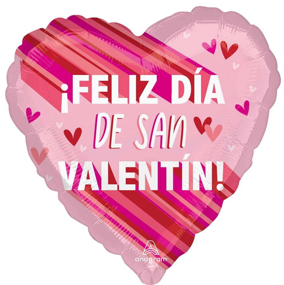 Heart-shaped pink foil balloon with red and magenta stripes and white text saying "¡Feliz Día De San Valentín!" surrounded.