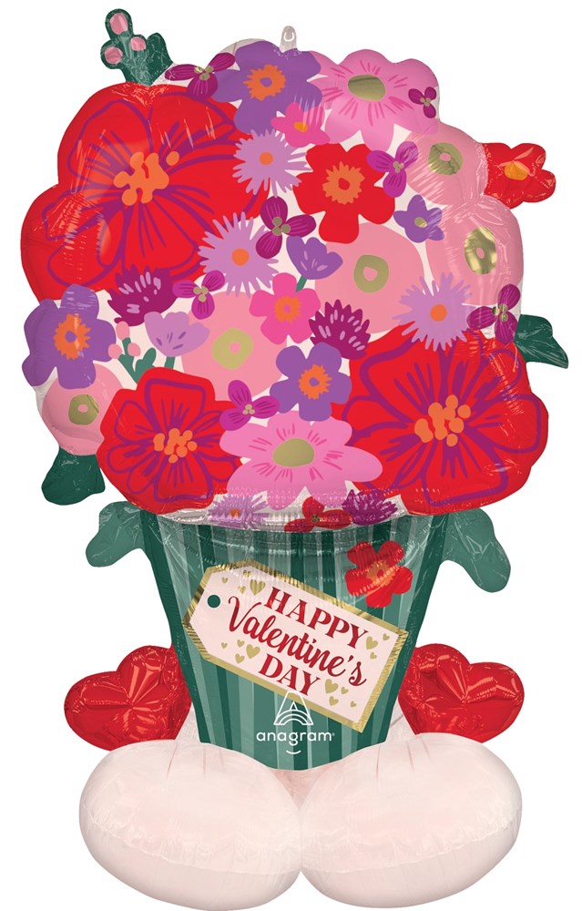 45-inch foil balloon shaped like a flower bouquet with red, pink, and purple blossoms, green leaves, and a "Happy Valentines