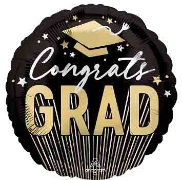 Round black foil balloon with gold graduation cap, white "Congrats" script, and large gold "GRAD" text with star and stripe.