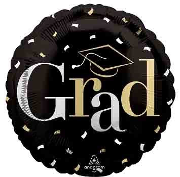 Black round foil balloon with gold and silver "Grad" text and a graduation cap graphic.