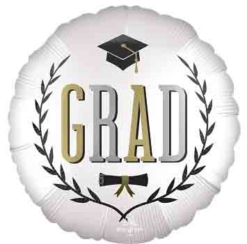 17-inch round white foil graduation balloon with black and gold "GRAD" text, mortarboard, and diploma design.