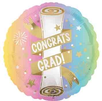 Round foil balloon with pastel rainbow gradient background, featuring a rolled diploma and gold "Congrats Grad!" text and.