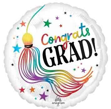 Round white foil balloon with colorful stars, rainbow tassel, and "Congrats GRAD!" text.