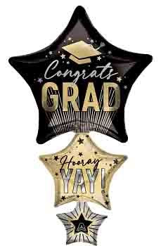 Set of three star-shaped foil balloons in black, gold, and silver with graduation-themed congratulatory text and designs.