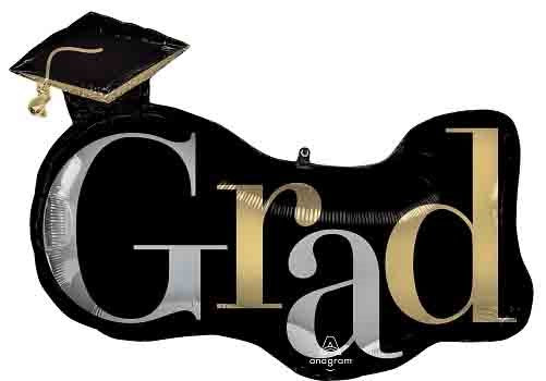 Black foil balloon shaped like a graduation cap with gold and silver "Grad" text and tassel detail.