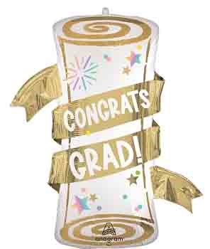 Pastel foil balloon shaped like a rolled diploma with gold ribbon reading Congrats Grad, decorated with stars and sparkles.