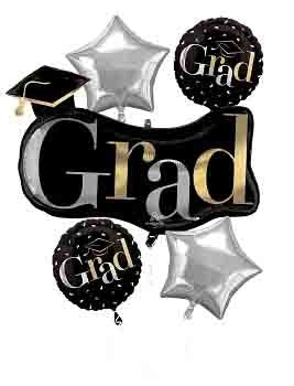 Five-piece graduation balloon bouquet with black and gold "Grad" balloon, two black round "Grad" balloons with gold stars,.