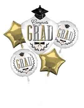 Five-piece foil balloon set with gold stars, white round balloons saying "Grad" and "Congrats Grad," topped with a black.