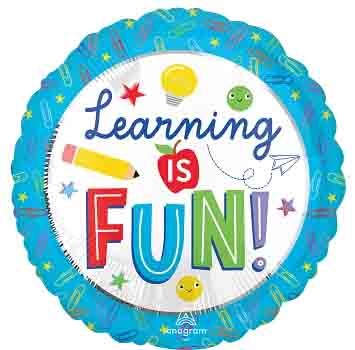 Round foil balloon with blue border and multicolored "Learning is Fun!" text featuring school-themed icons and stars.
