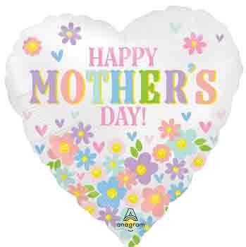 Heart-shaped foil balloon with pastel watercolor flowers and "Happy Mother's Day!" text in colorful letters.