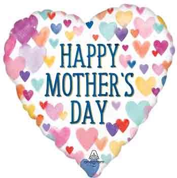 Heart-shaped foil balloon with colorful scattered hearts and "Happy Mother's Day" text in blue.