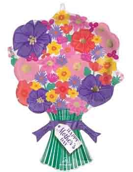 30-inch foil balloon shaped like a colorful bouquet with purple, pink, orange, and yellow flowers and a "Happy Mother's Day"