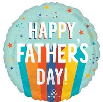 Round foil balloon with pastel teal background, colorful striped gift box, and "Happy Fathers Day!" in bold white letters.