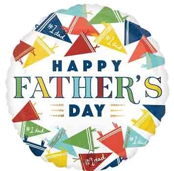 Round foil balloon with colorful pennant flags and "Happy Father's Day" in bold blue, green, and gold letters.