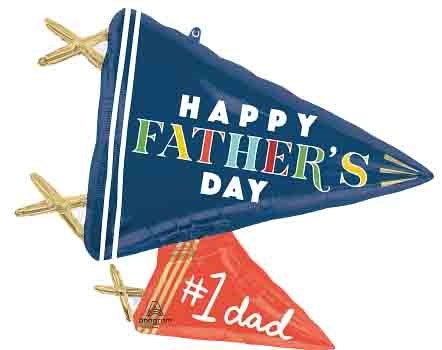 Navy blue triangular foil balloon with multicolor "Happy Father's Day" text, accompanied by small red triangular "#1 dad".