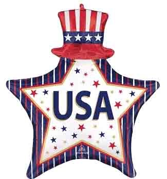 Star-shaped foil balloon with red, white, and blue stripes, "USA" text, and a patriotic top hat design on top.