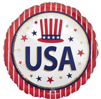 Round foil balloon with red and white striped border, white center, navy and red stars, blue "USA" text, and a red, white,.