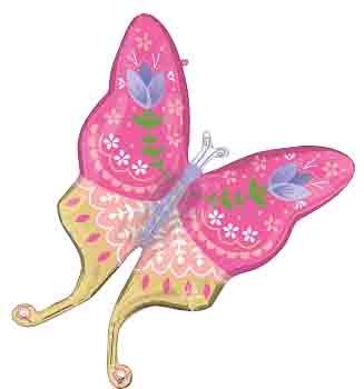 Pink and yellow foil butterfly balloon with floral and tulip designs, 33 inches tall.