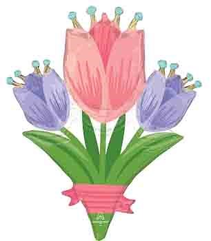 38-inch foil balloon shaped like three tulip flowers in pink and purple with green leaves and a pink wrap at the base.