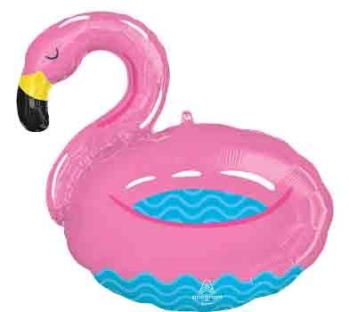 30-inch pink foil flamingo pool float balloon with black and yellow beak and blue water pattern inside.