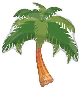 Green foil balloon shaped like a palm tree with a brown trunk and large leafy fronds.