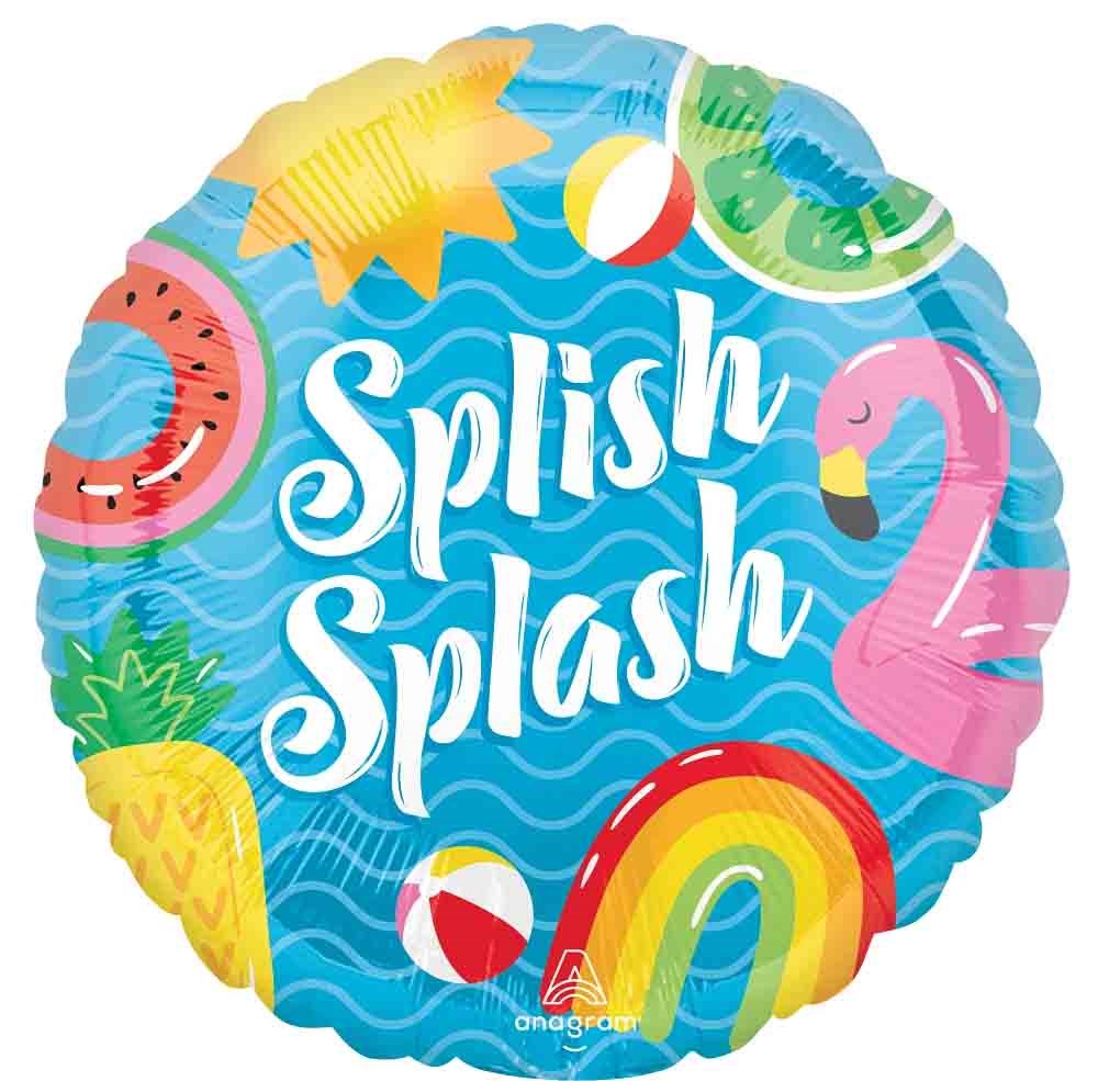 Round foil balloon with blue water wave background featuring "Splish Splash" text, sun, watermelon, pineapple, flamingo,.