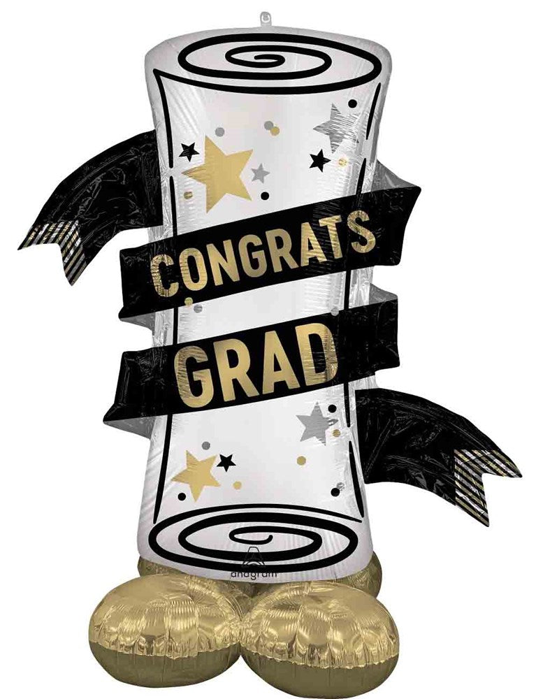 55-inch foil balloon shaped like a rolled diploma with gold stars and black ribbon reading "Congrats Grad".