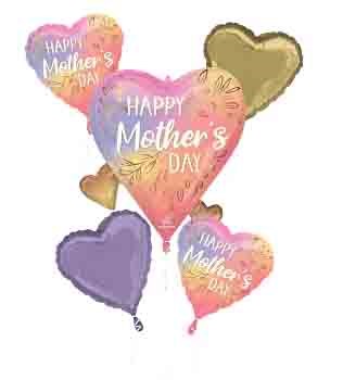 Set of five foil balloons in heart shapes with pastel watercolor backgrounds and gold accents, featuring "Happy Mother's.
