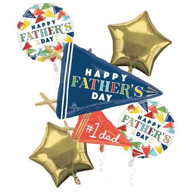 Set of five foil balloons including two round multicolor "Happy Father's Day" balloons, one navy blue pennant balloon with.