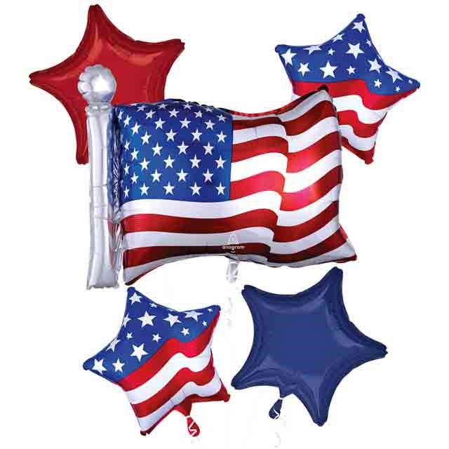 Five foil balloons including one large rectangular American flag, two blue stars with white stars, one red star, and one.