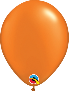 Glossy mandarin orange latex balloon, 5-inch round shape with Qualatex logo tag at the base.