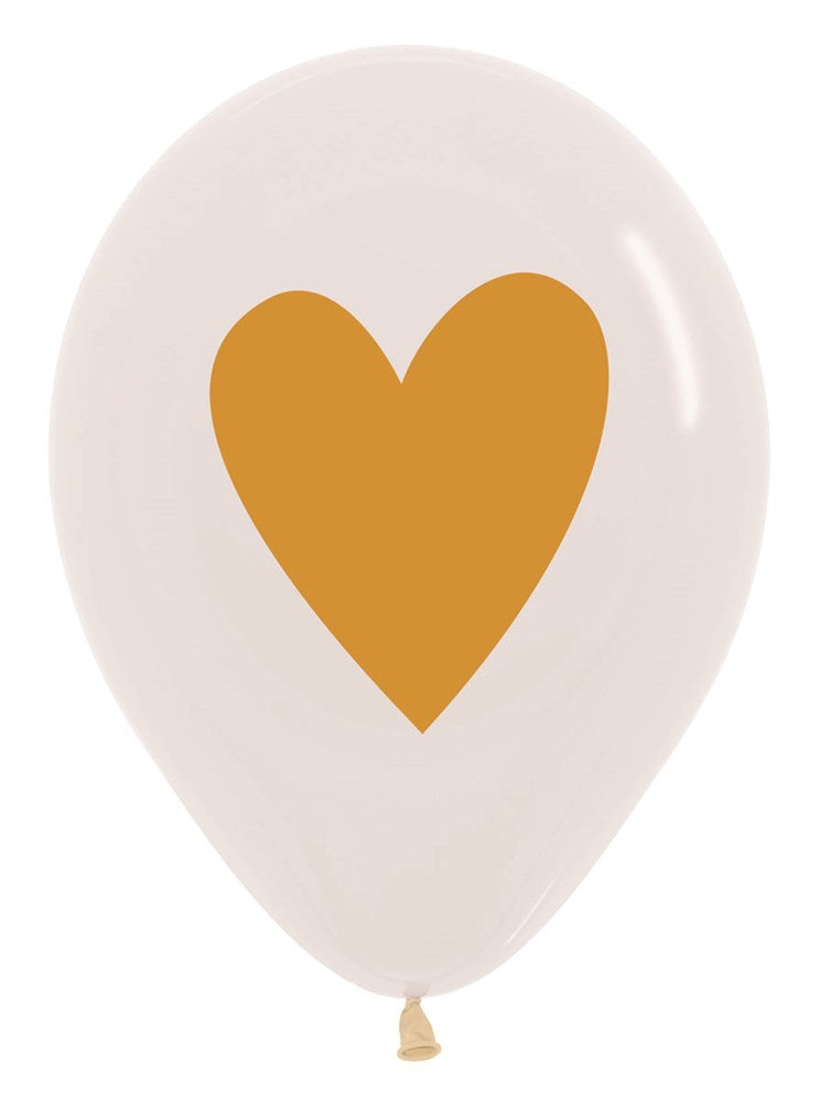 White latex balloon with a gold heart graphic in the center, 11-inch size.