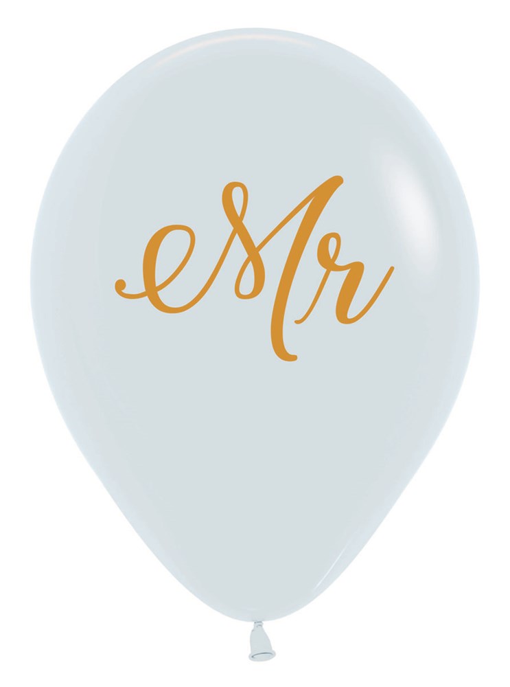White 11 inch latex balloon with gold scripted "Mr" text designed for weddings or bachelorette parties.