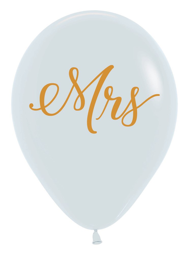 White latex balloon with elegant gold script "Mrs" printed on the front.
