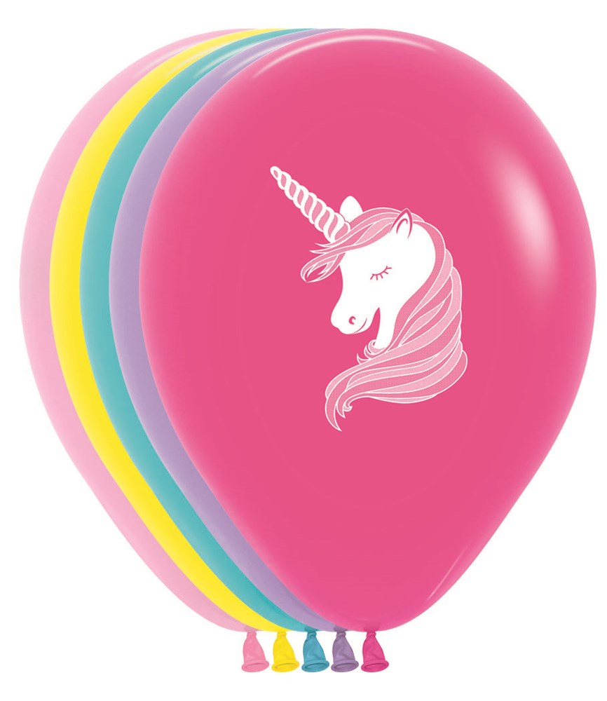 Set of 50 latex balloons in pink, purple, yellow, blue, and green, each with a white unicorn head design.